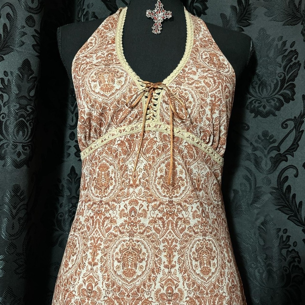Xhilaration Rust Paisley Halter Dress with Lace-Up Bust